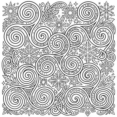 Discover a mesmerizing blend of ancient Celtic artistry and festive winter charm with this unique coloring page. Intricate spirals dance with delicate snowflakes, offering a delightful challenge for all skill levels.