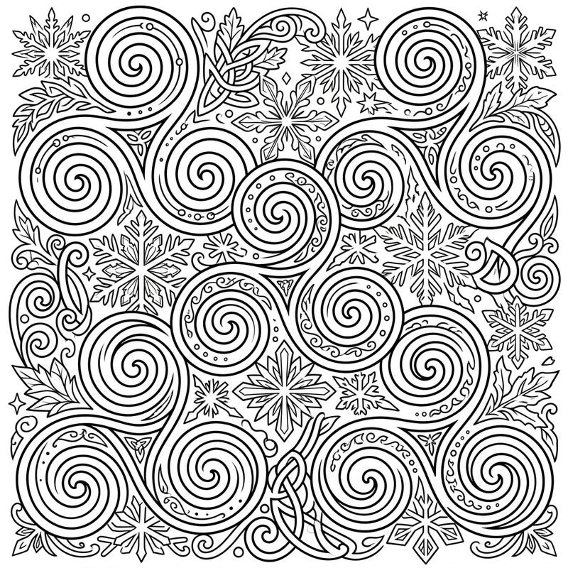 Discover a mesmerizing blend of ancient Celtic artistry and festive winter charm with this unique coloring page. Intricate spirals dance with delicate snowflakes, offering a delightful challenge for all skill levels.