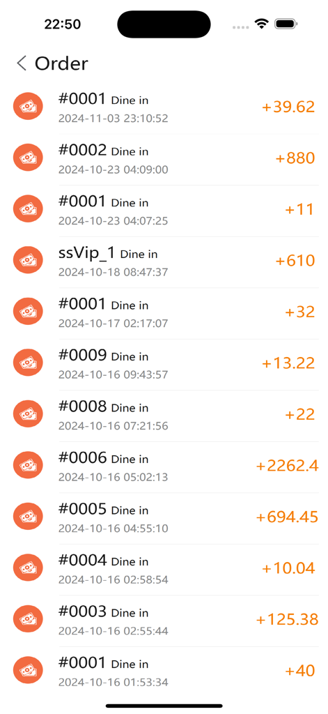 TK Boss app order history screen showing a list of dine in transactions with order numbers and revenue amounts