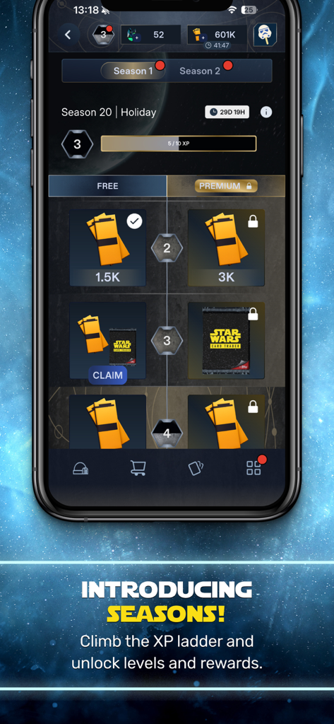 Star Wars Card Trader by Topps - Interfaz de la aplicación Star Wars Card Trader que muestra la escalera de XP de Temporadas y los niveles de recompensa