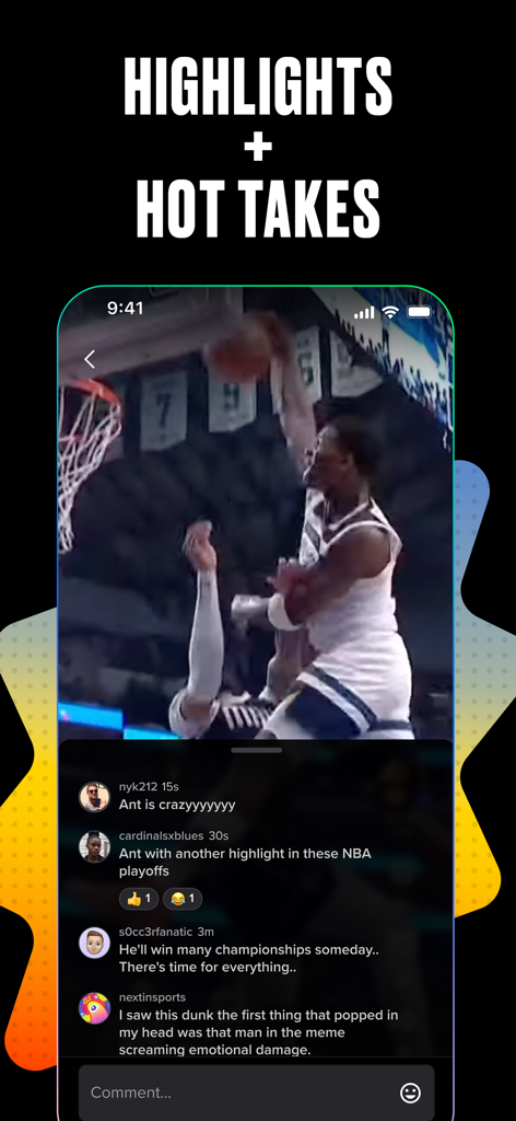 Bleacher Report app screen showing a basketball dunk video and user social comments