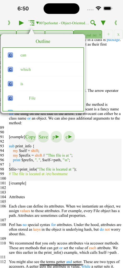 Perl IDE Fresh Edition - Perl IDE Fresh Edition mobile interface showing a code outline and tutorial text