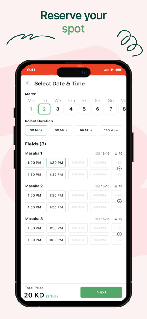 Mobile app interface showing the date and time selection screen for booking a sports field