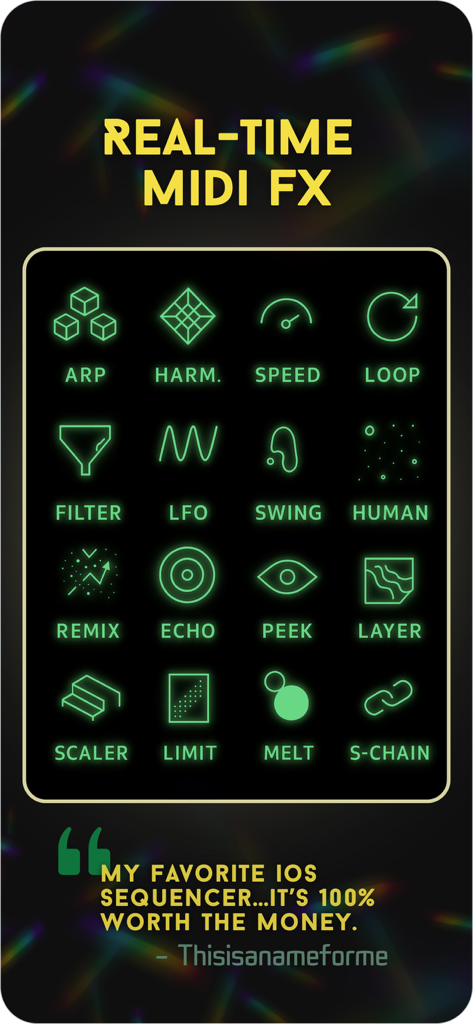 Prism MIDI Sequencer - Una cuadrícula de iconos verde neón que muestra varios efectos MIDI en tiempo real en la aplicación Prism MIDI Sequencer