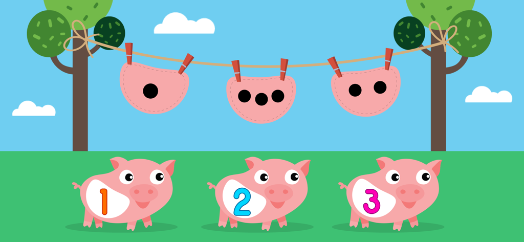 Kids Puzzle & Toddler Games 2+ - Una pantalla de juego de aprendizaje preescolar que muestra tres cerdos numerados y baberos con puntos correspondientes para un puzzle de emparejamiento.