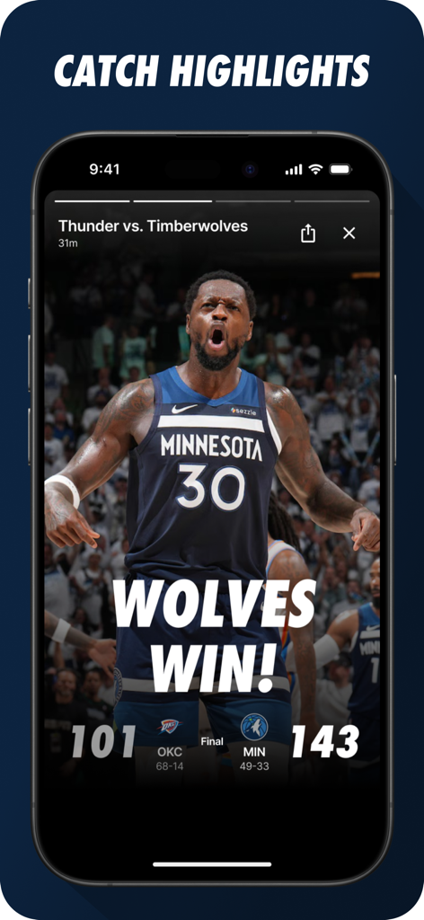 Minnesota Timberwolves mobile app screen showing basketball highlights and a final game score