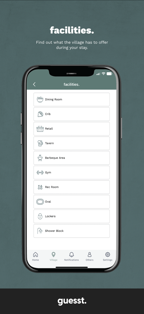Una lista de las instalaciones del campamento en la aplicación guesst, que incluyen comedor, bar y gimnasio
