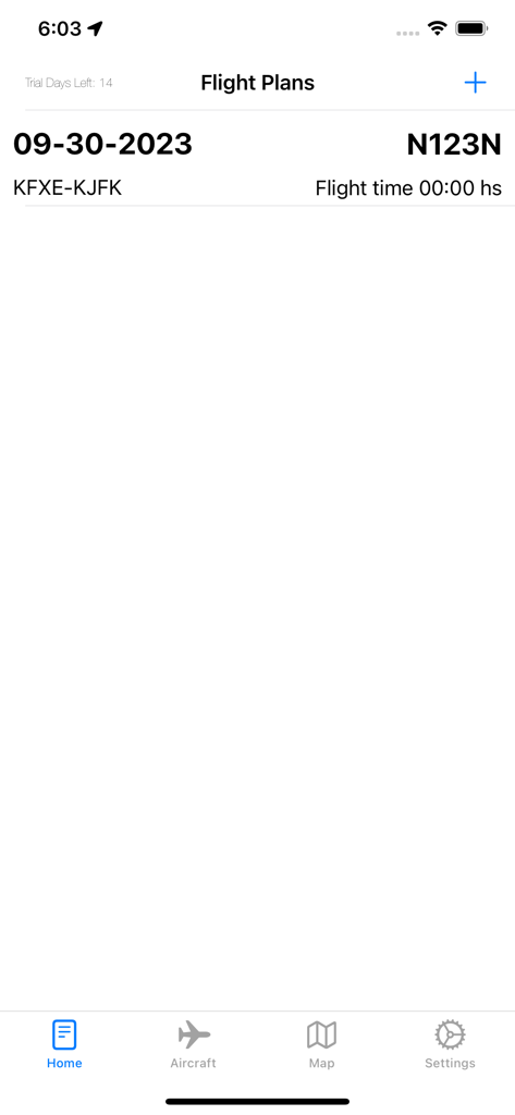 Flight Plan Maker (FPL Maker) - A tela inicial do aplicativo Flight Plan Maker mostrando uma lista de planos de voo salvos com o registro da aeronave e os detalhes da rota