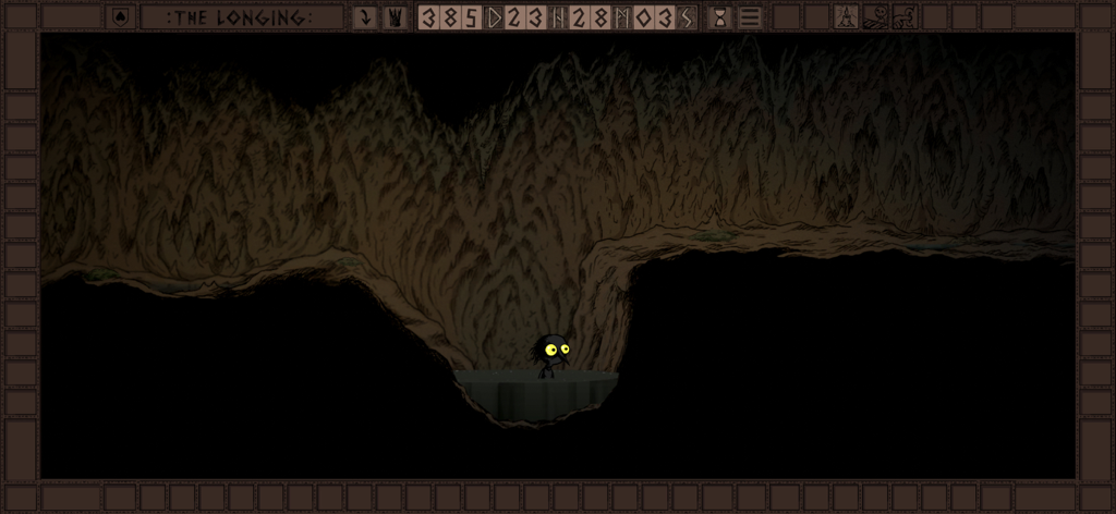 The Longing Mobile - El solitario personaje Sombra de pie en una oscura cueva subterránea dibujada a mano en The Longing Mobile