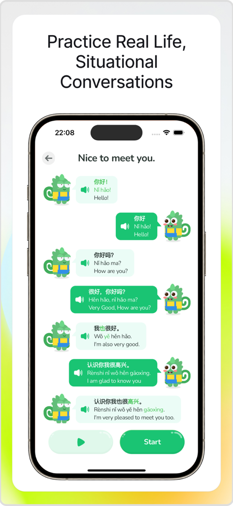 Pidu: Learn Chinese HSK 1-6 - Pidu app interface for practicing real-life Chinese conversations with translations and Pinyin.