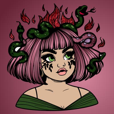 a plus size girl with short hair and snakes coming off her head like medusa, and flames in her eyes, beautiful and realistic