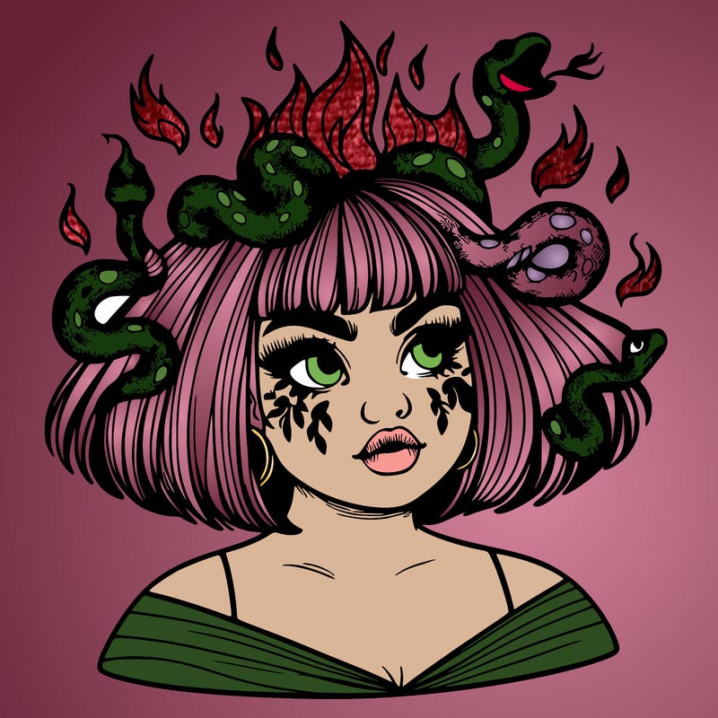 a plus size girl with short hair and snakes coming off her head like medusa, and flames in her eyes, beautiful and realistic