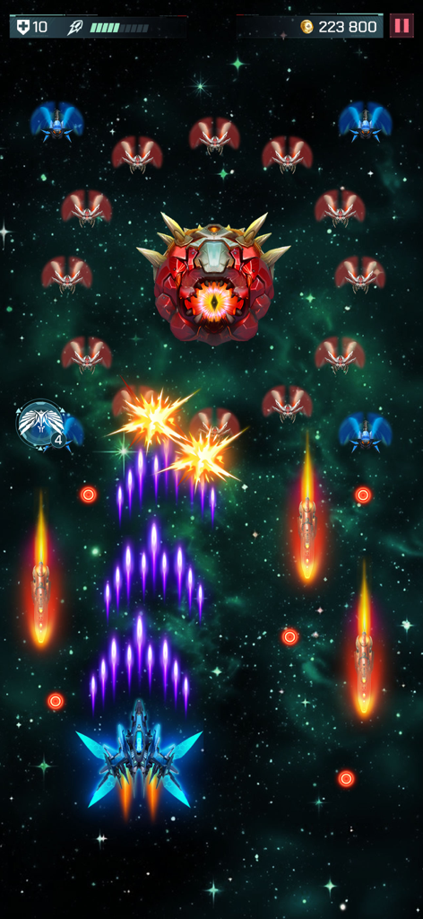 Universe Invader 2: Alien War - A blue spaceship fires lasers at a giant red mechanical alien boss in a space battle.