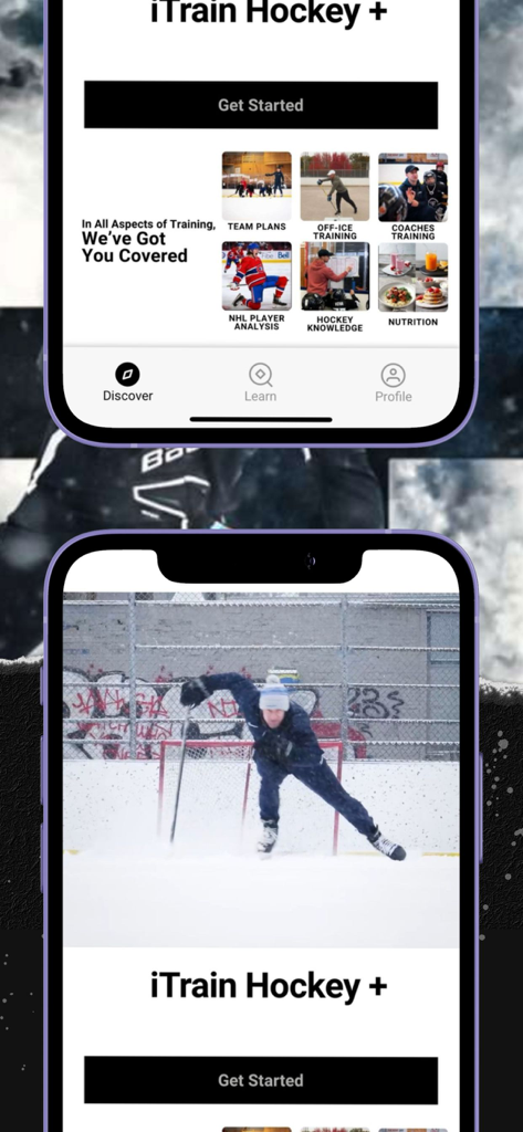 iTrain Hockey+ - Interface de l'application iTrain Hockey plus présentant des modules de formation et un joueur sur la glace
