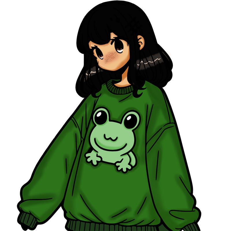 girl wearing frogging sweatshirt