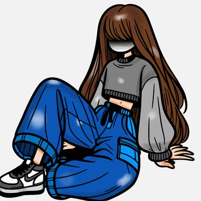 a girl with baggy pants and a crop top with long hair