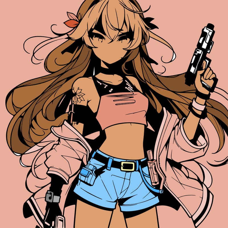 bad girl wearing crop top holding a gun long hair anime