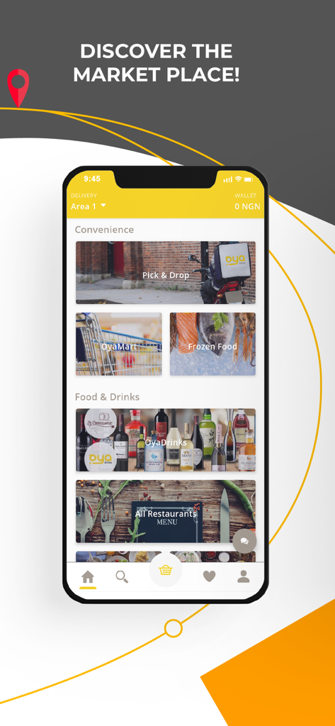 OyaNow app marketplace interface showing delivery services for convenience items food and drinks