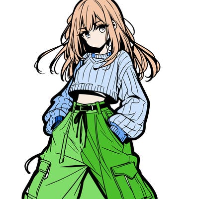 anime teen girl with baggy pants and crop top with sweater
