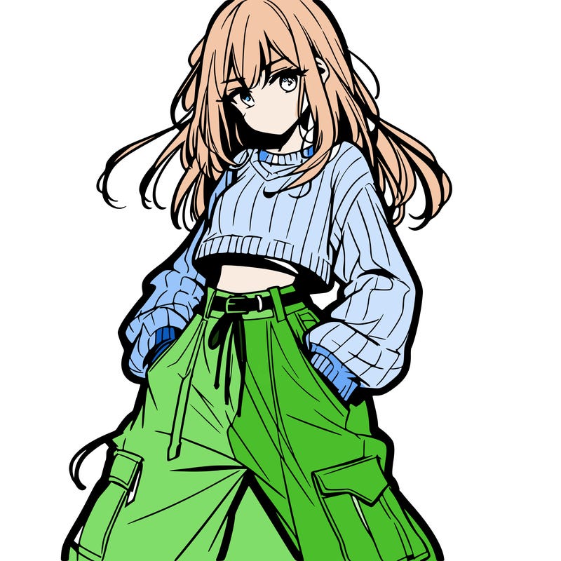 anime teen girl with baggy pants and crop top with sweater