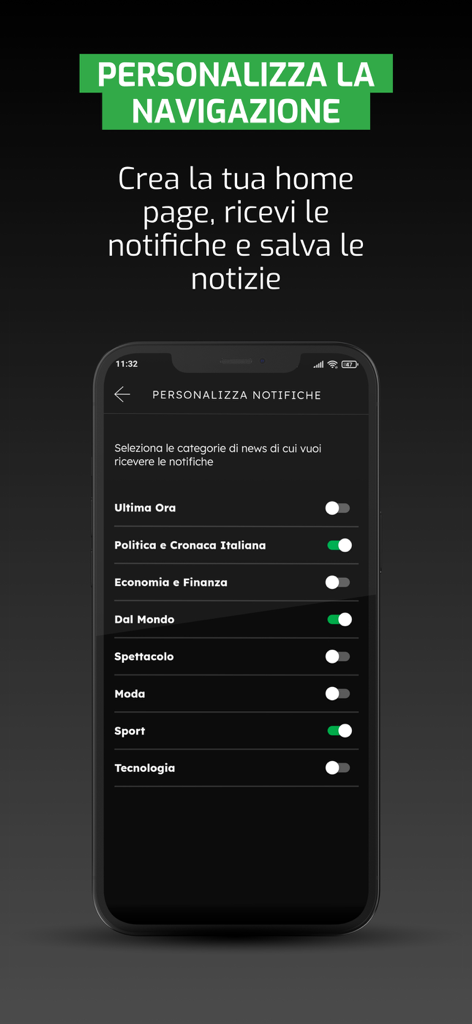 Smartphone showing the ANSA app notification personalization screen with various news categories like politics and sports.