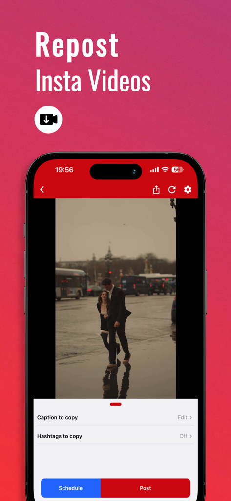 InSaver mobile app screen showing how to repost Instagram videos with custom captions and hashtags