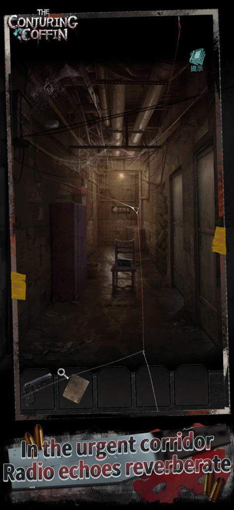 A dark and eerie basement corridor with exposed pipes and a wooden chair in the horror game The Conjuring Coffin