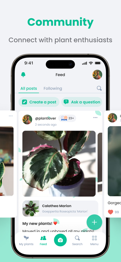 PlantIn: Plant Identifier・Care - PlantIn app community screen featuring a feed of user posts and plant photos for social connection