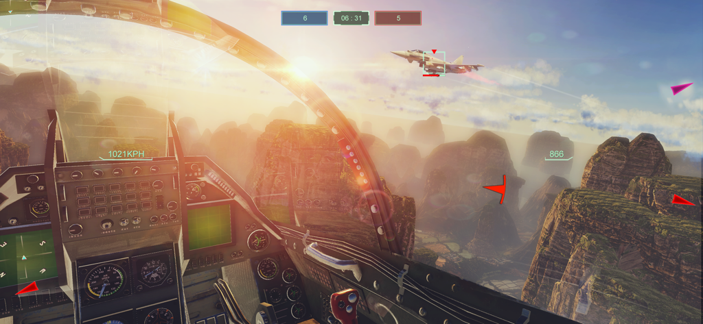 Sky Gamblers - Air Supremacy 2 - First person cockpit view of a jet fighter engaging an enemy plane over a mountainous terrain