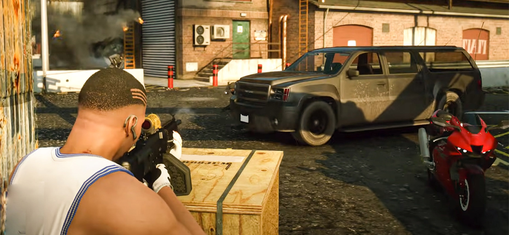 Street Gangster Crime City War - A gangster character aiming a rifle near a grey SUV and a red motorcycle in an urban environment