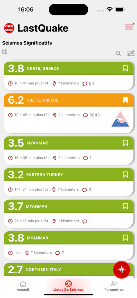 LastQuake - LastQuake app screenshot showing a chronological list of recent significant earthquakes with magnitude and location data