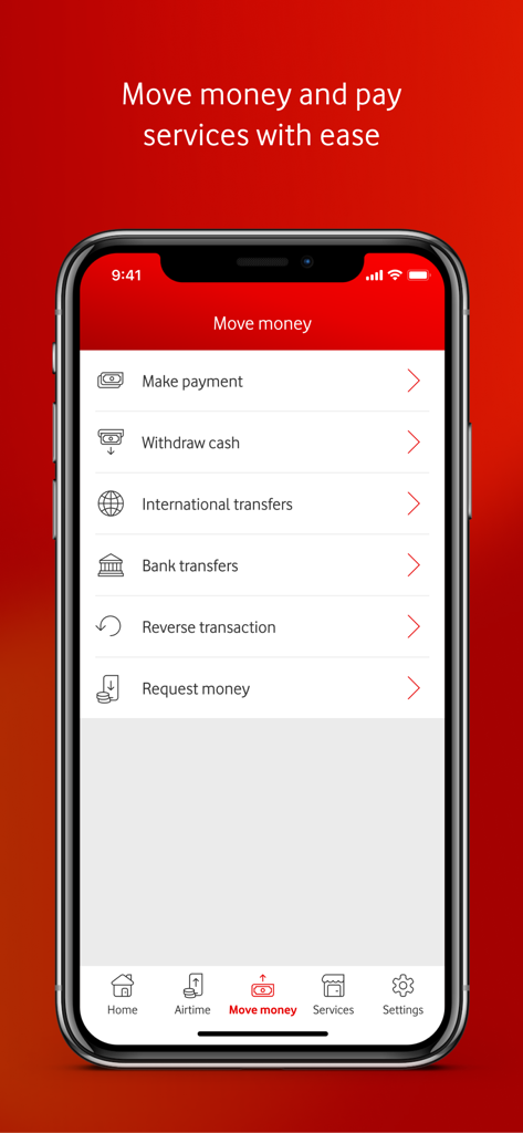 The Move Money screen of the M-Pesa Tanzania app featuring options for international transfers and bank payments.