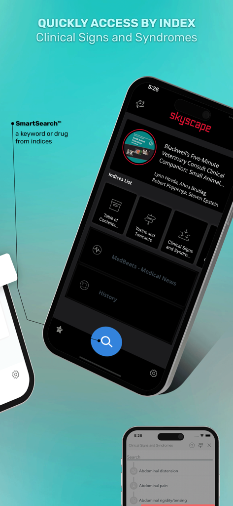 5 Minute Veterinary - 5分間獣医アプリのインターフェースで、臨床徴候や症候群による検索インデックスの機能を強調表示しています。
