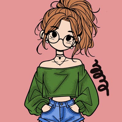 girl with a messy ponytail glasses a baggy crop top and jean shorts