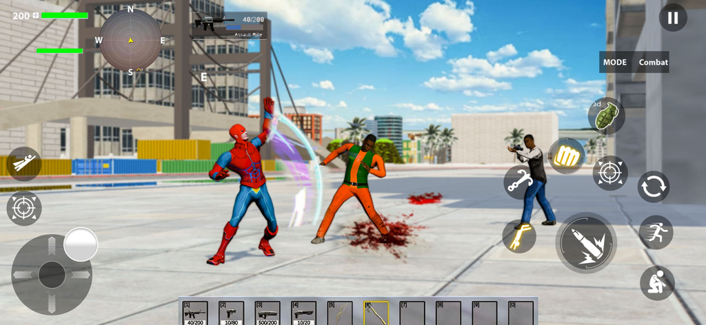 A red and blue superhero character fighting enemies in an open world city environment with game controls