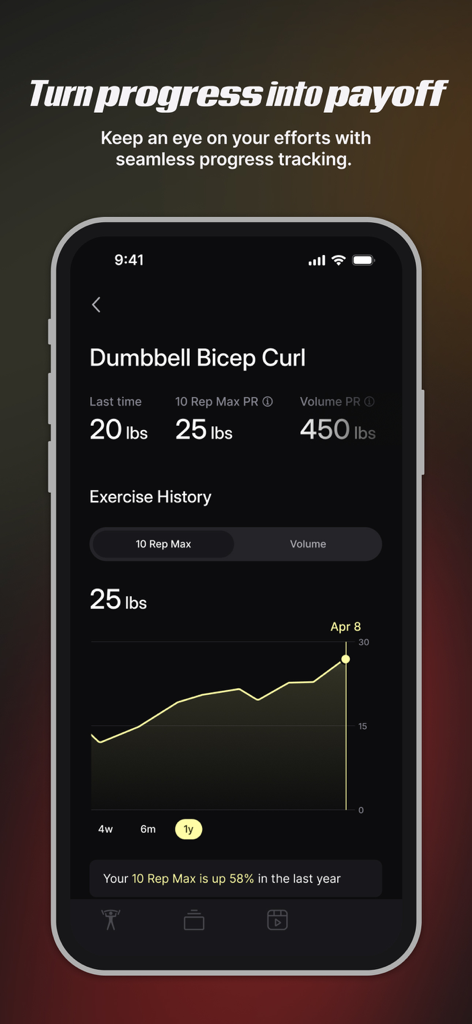 Peloton Strength+ - Pantalla de la aplicación Peloton Strength Plus que muestra el seguimiento del progreso y los récords personales de curl de bíceps con mancuernas