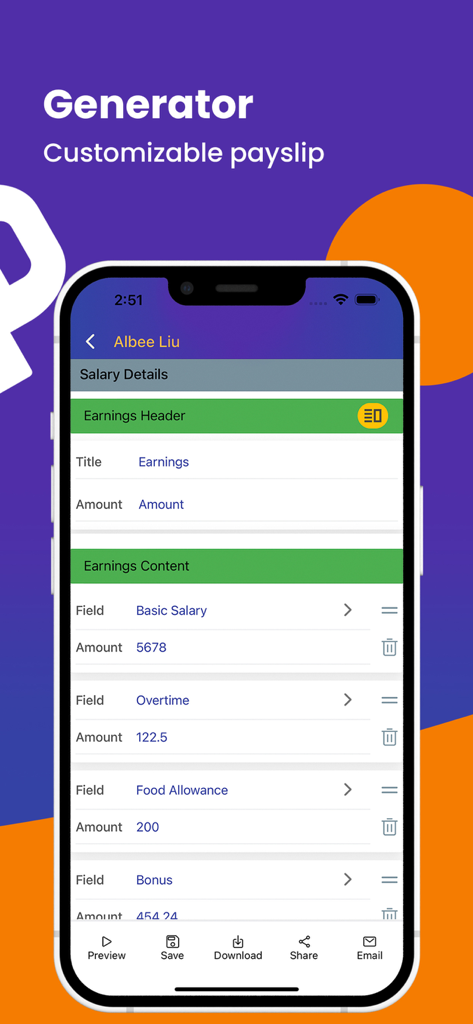 Auto Payslip Generator - Interface for customizing salary details and earnings in the payslip generator app