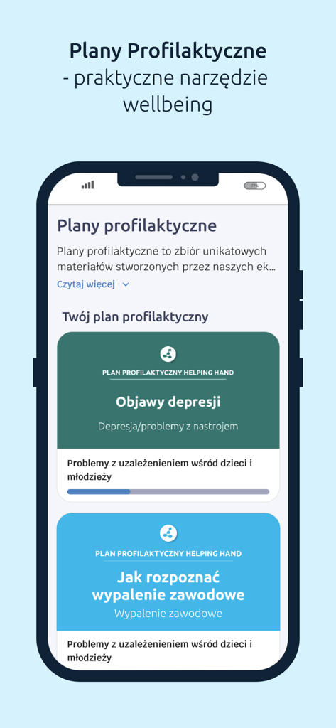Helping Hand Mental Health App - Helping Hand app interface showing personalized mental health prevention plans for depression and burnout