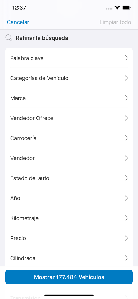 Chileautos - Advanced search filters interface in the Chileautos mobile app showing categories like brand year and price