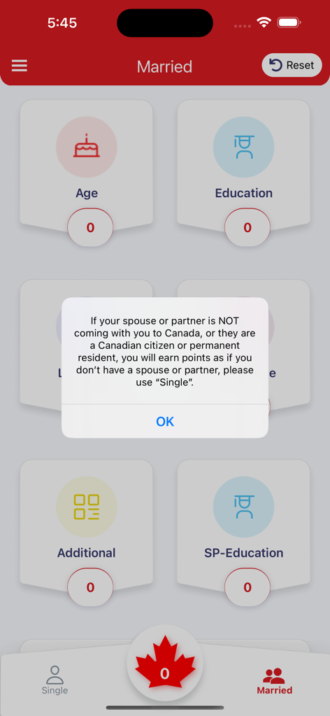 CRS Score Calculator - Canada - Canada CRS Score Calculator App mit Punktkategorien für den Familienstand und Warnhinweisen zu Einwanderungsanforderungen