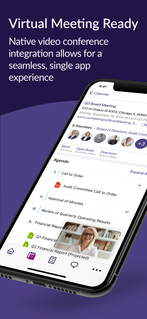 OnBoard Meetings app interface showing a virtual board meeting with integrated video conferencing.