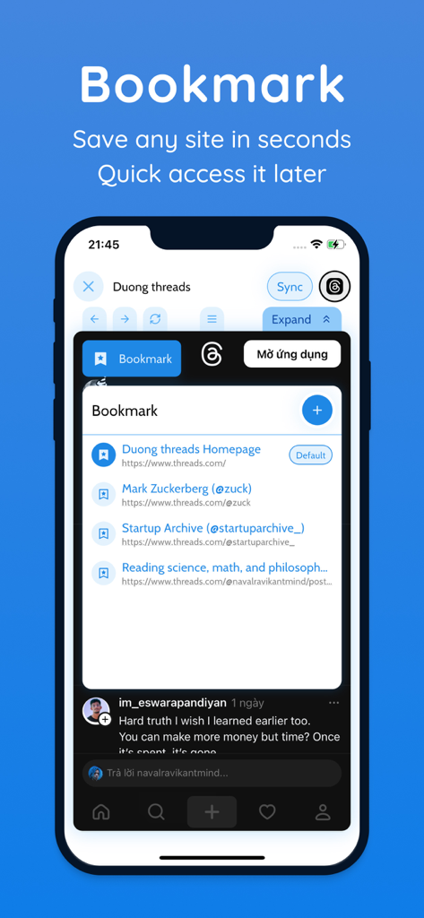 Zentab - Clone App Multi Login - Una captura de pantalla de la interfaz de la aplicación Zentab mostrando la función de marcador para guardar y acceder a sitios web dentro del panel de inicio de sesión múltiple.