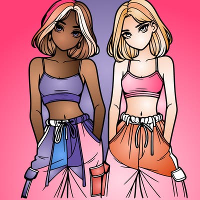 two girls with crop top with baggy pants