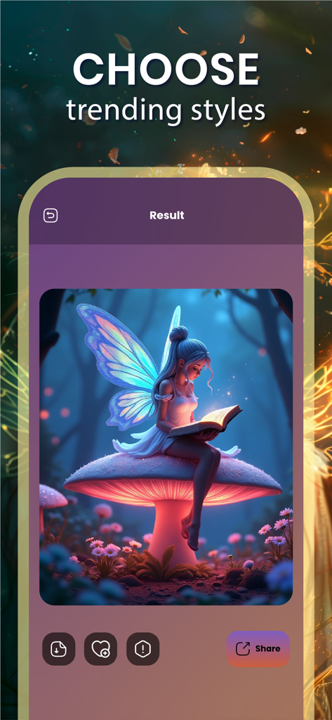 Fantasy AIアプリのインターフェース。光るキノコの上で読書をする翼のある妖精のAI生成アートワークを表示