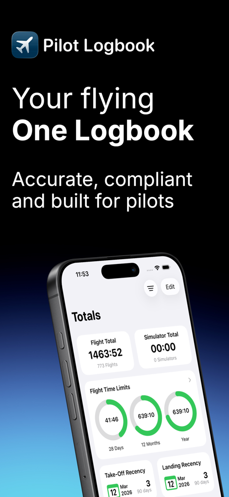 Pilot Logbook - Pilot Logbook app interface on iPhone showing flight hour totals and time limit tracking