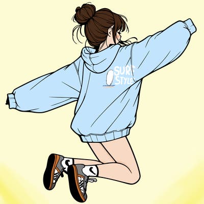 realistic girl jumping with a bun and oversized sweatshirt