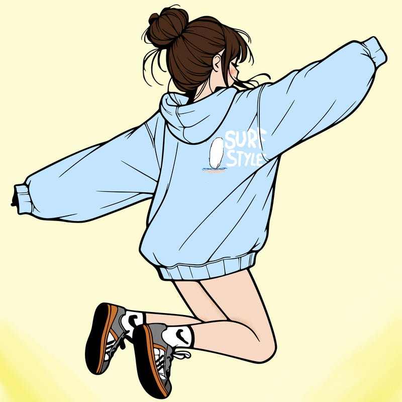 realistic girl jumping with a bun and oversized sweatshirt