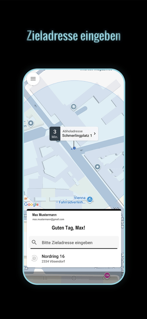 Taxi 40100 zum Fixpreis fahren - Taxi 40100 mobile App, die eine Karte und ein Zielfeldeingabefeld in Wien anzeigt