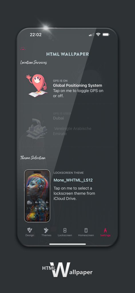 HTML壁紙アプリのインターフェース。位置情報サービスの設定とカスタムロック画面テーマの選択が表示されています。