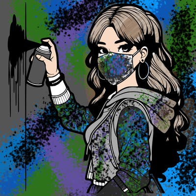 realistic girl with mask spray painting a wall